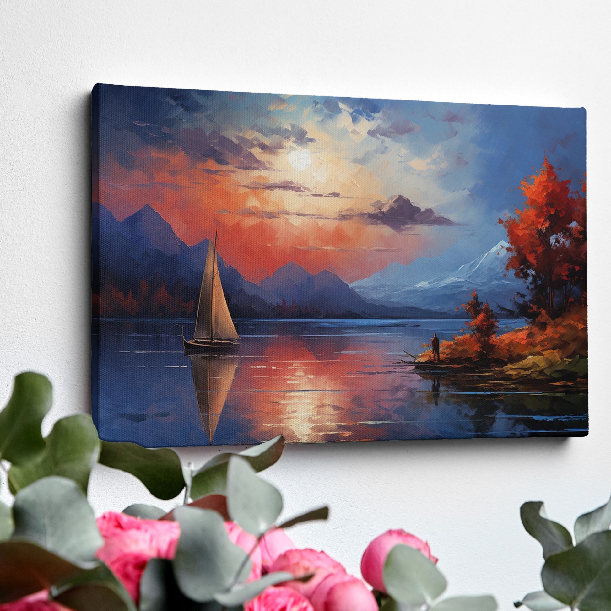 Framed canvas print of an impressionist landscape with a sailboat during sunset, featuring autumnal colours and mountain scenery