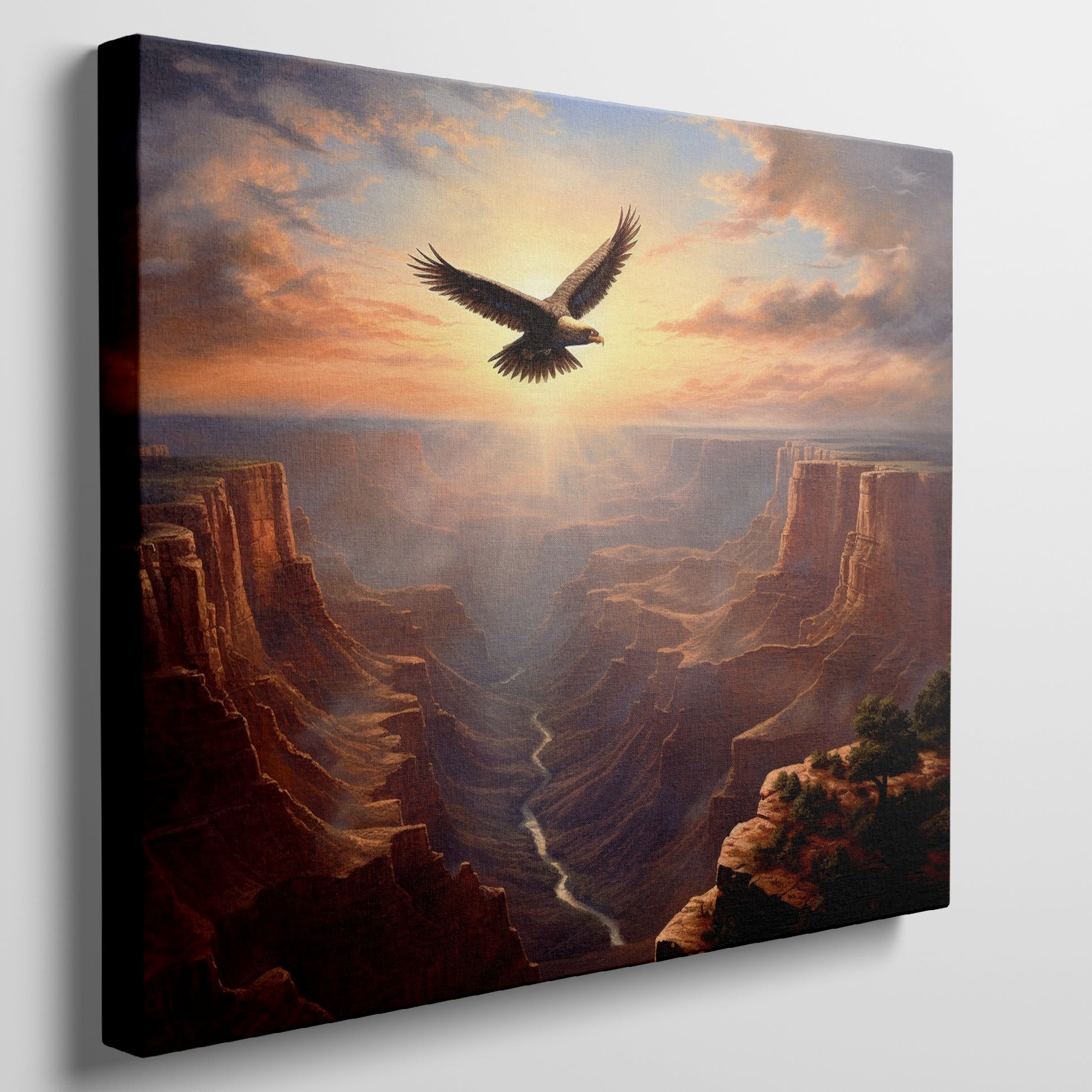 Framed canvas print of a majestic eagle flying over a grand canyon at sunrise with radiant warm colours