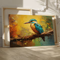 Framed canvas print of a vibrant, colourful impressionistic kingfisher perched on a branch