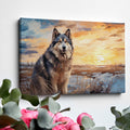 Framed canvas print of a Siberian Husky against a sunset landscape