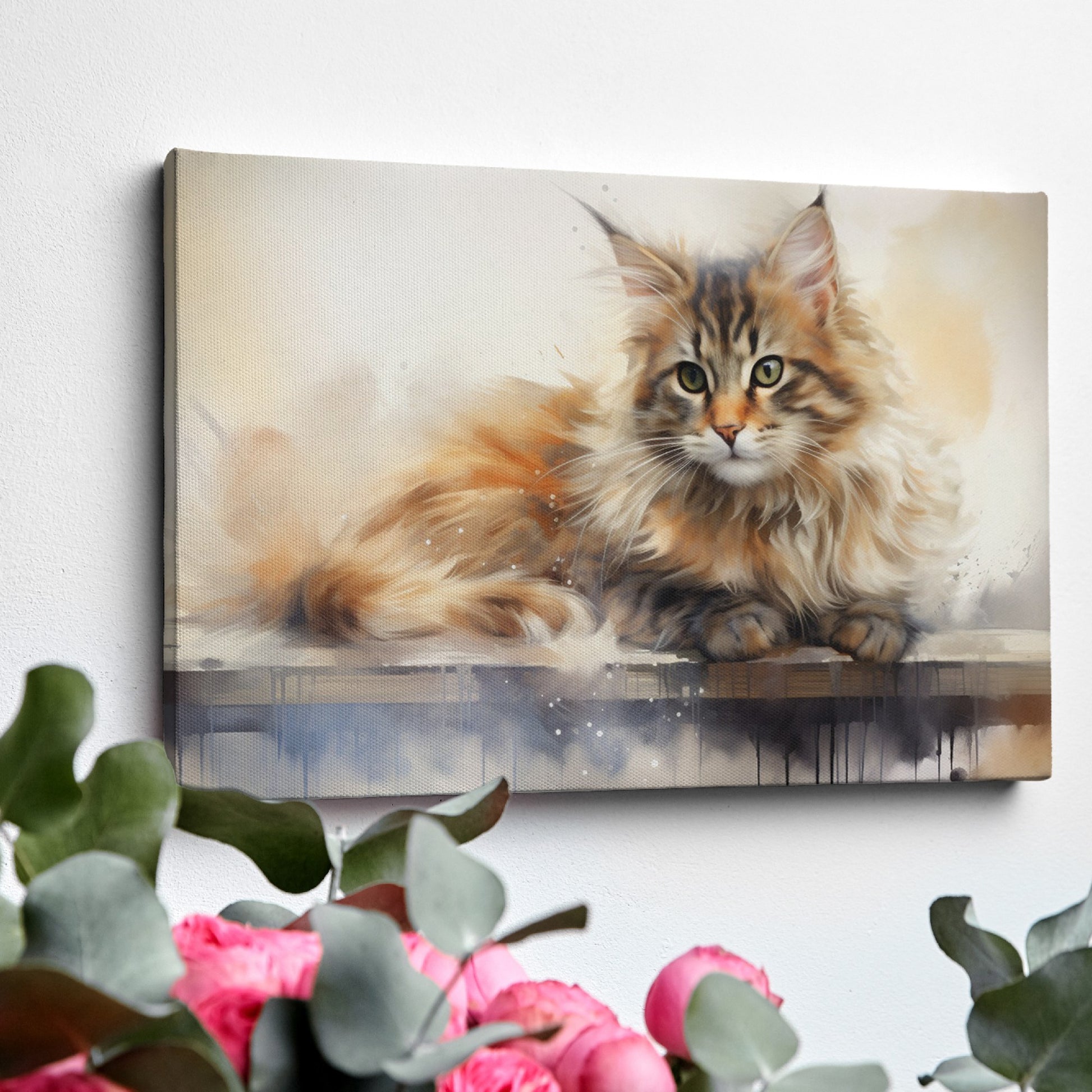 Framed canvas print of a long-haired cat with a watercolor effect in warm tones