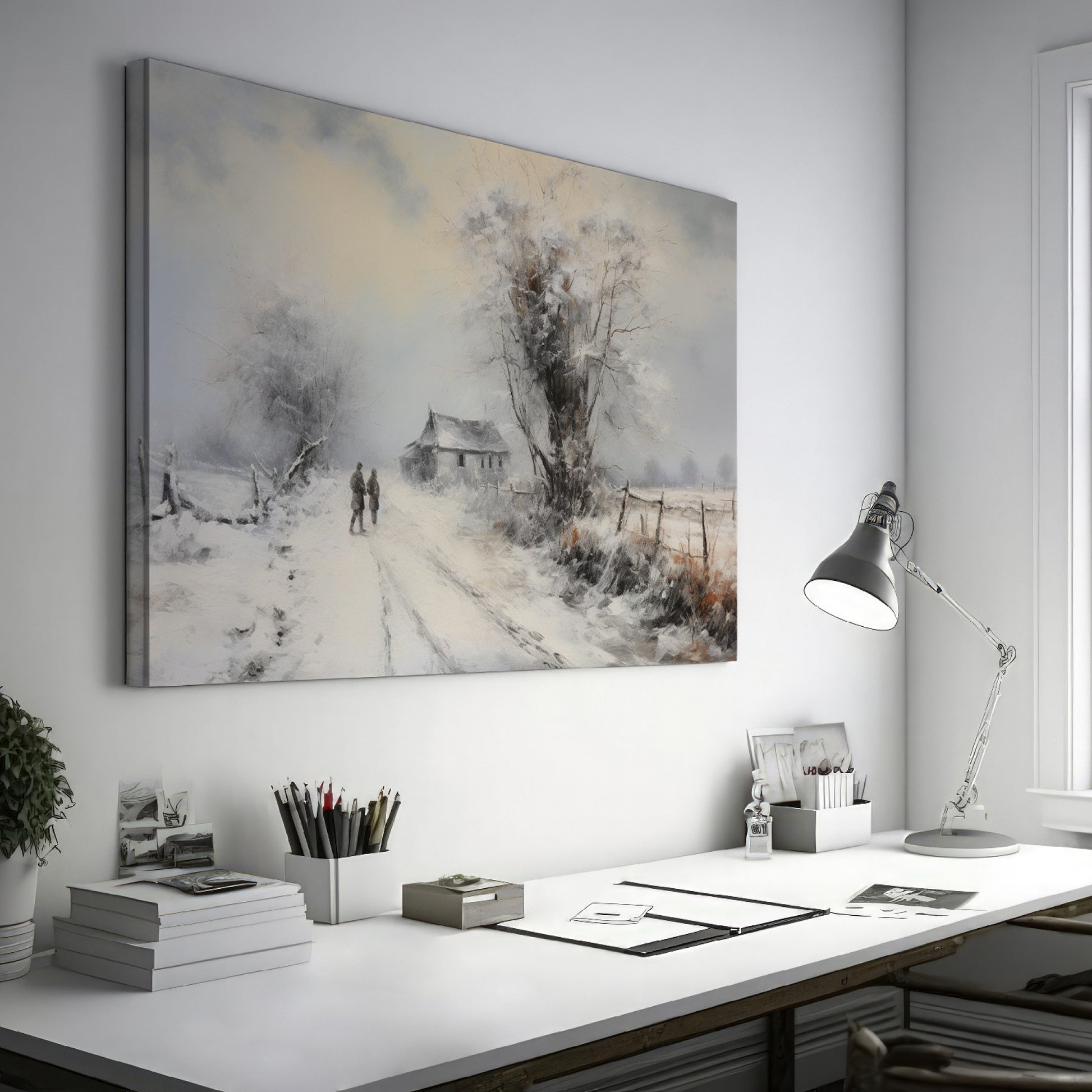 Framed canvas print of a snowy countryside scene with walking figures and a rustic cottage