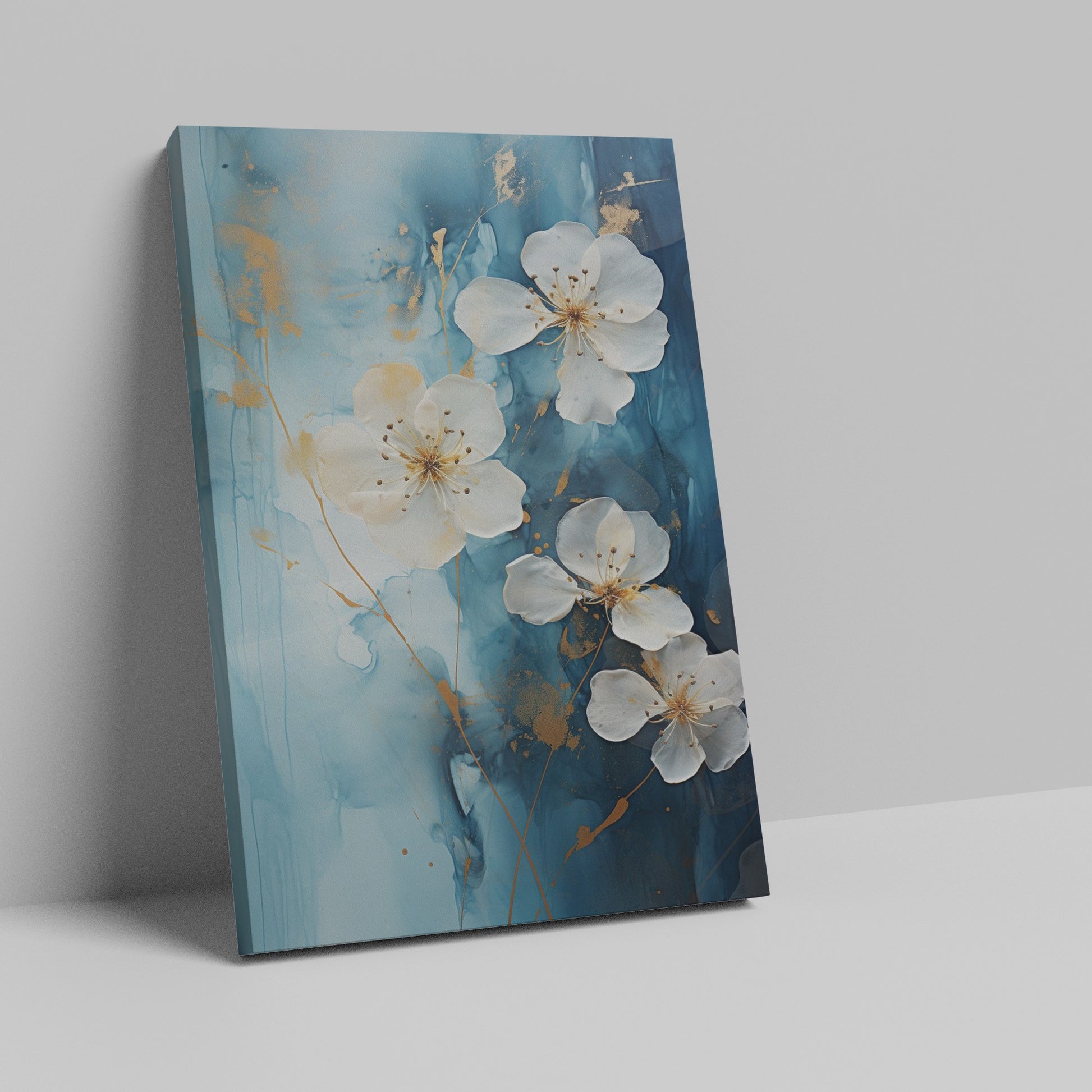 Framed canvas print of blue and gold abstract floral artwork