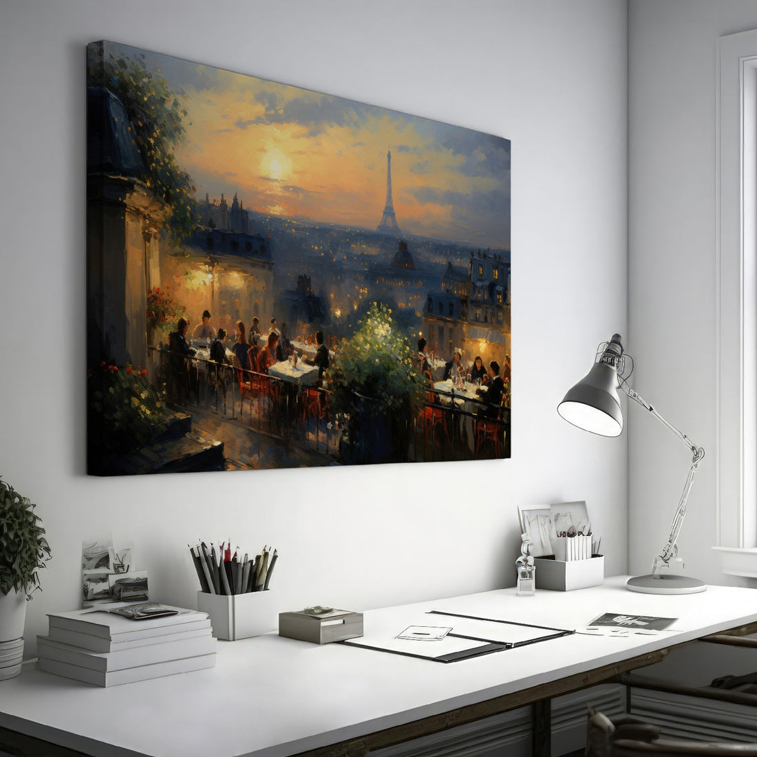 Framed canvas print of a Parisian sunset with diners on a balcony overlooking the Eiffel Tower