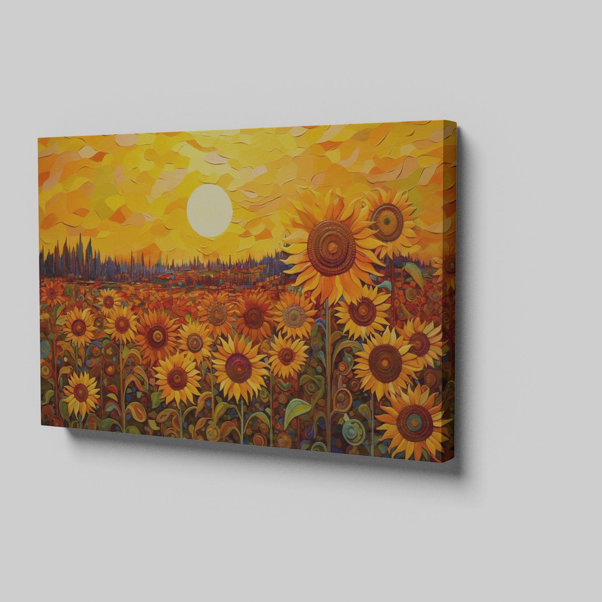 Framed canvas print of sunflowers beneath a golden sunset in an illustrative style