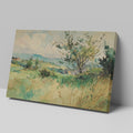 Framed canvas print of a watercolour countryside landscape with vibrant greens and soft skies