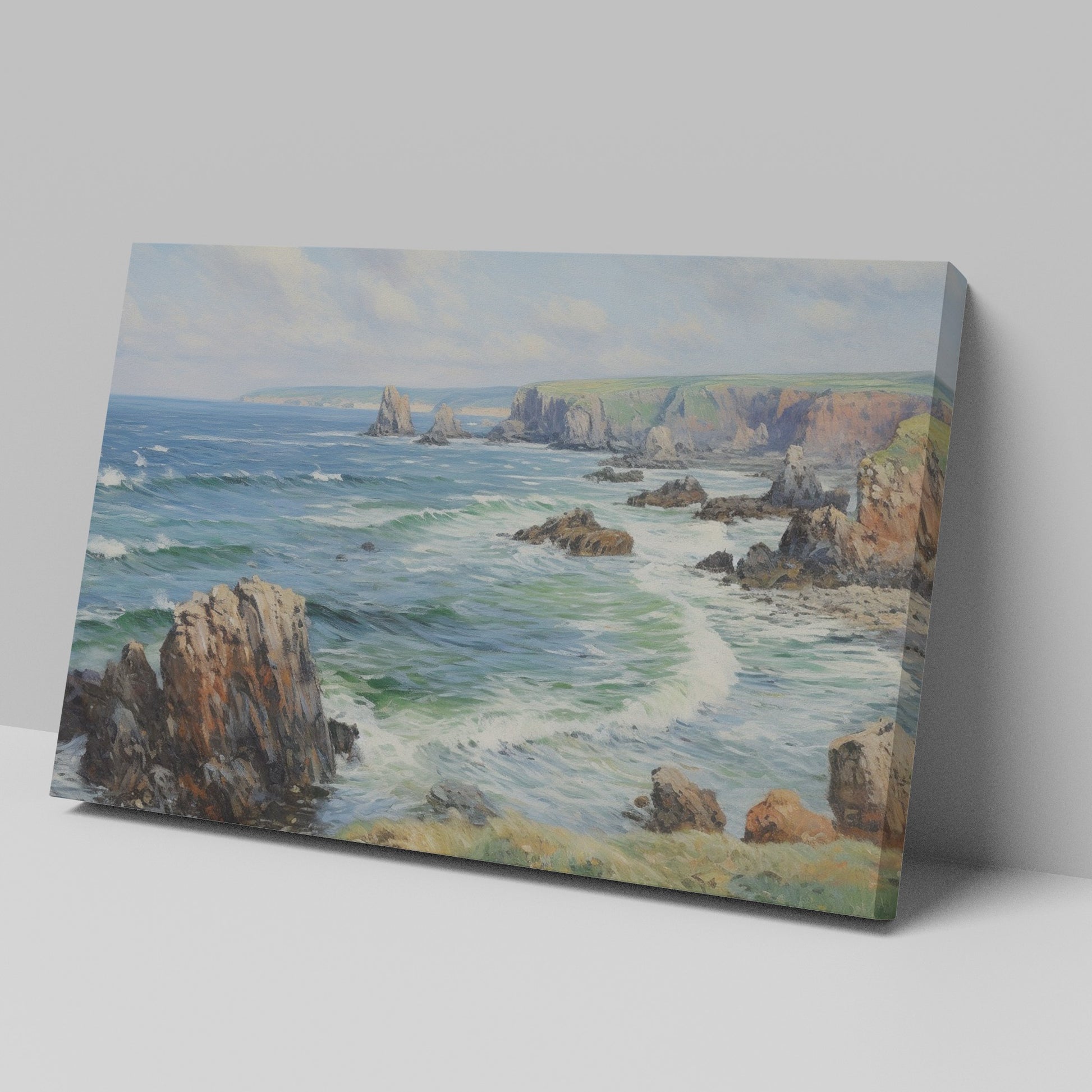 Framed canvas print of a serene seascape with ocean waves, cliffs, and blue skies