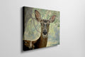 Framed canvas print of a detailed and serene deer portrait with a woodland backdrop in natural tones