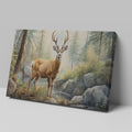 Framed canvas print of realistic deer in a forest with a stream and rocks