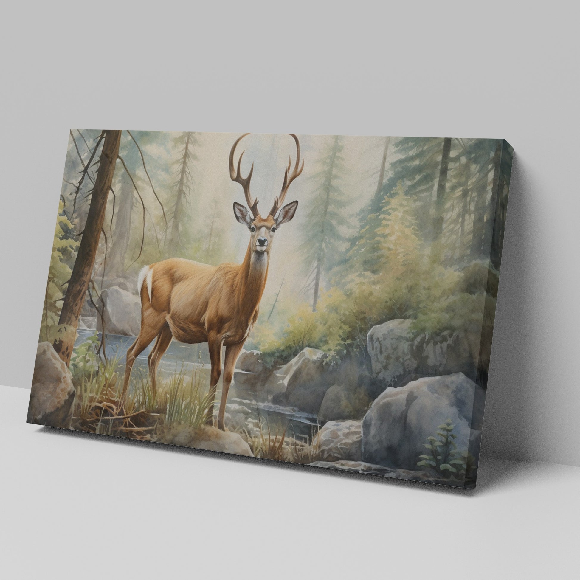 Framed canvas print of realistic deer in a forest with a stream and rocks