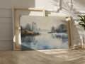 Framed canvas print of a misty river landscape with water reflections in cool tones