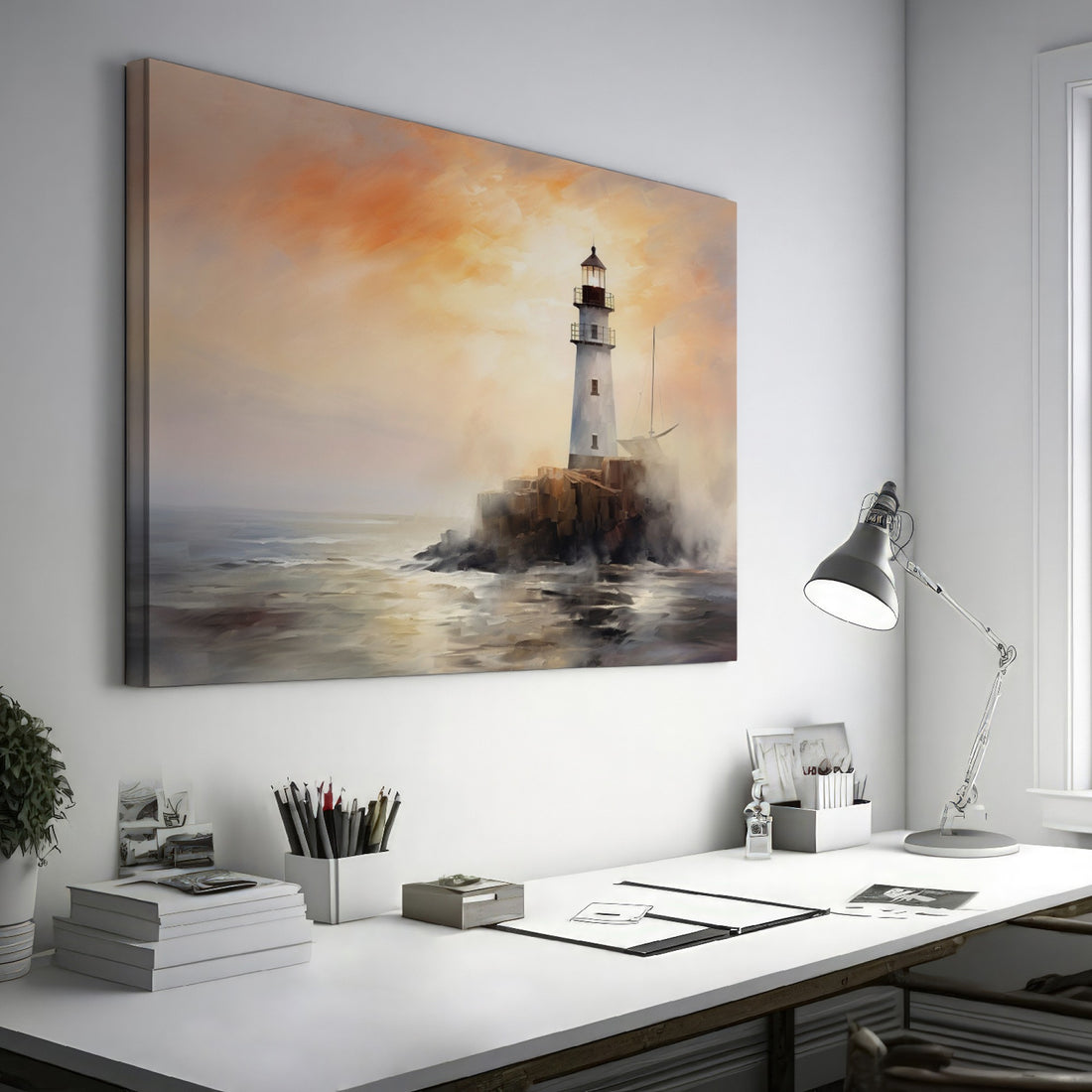 Impressionistic lighthouse on rocky shore with sailing boat at sunset