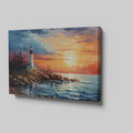 Framed canvas print of a vibrant impressionist sunset over a lighthouse and ocean