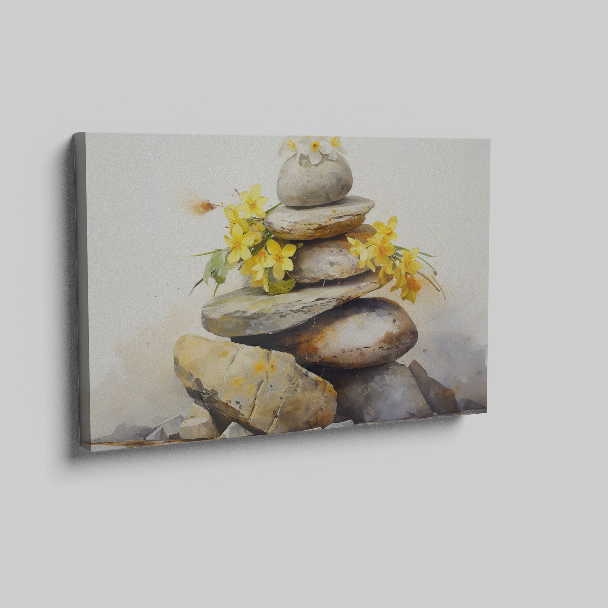 Framed canvas print of Zen rocks stacked with yellow flowers in watercolour