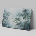 Framed canvas print of misty bamboo grove with mountains in the background