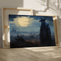 Framed canvas print of a mysterious figure under a moonlit, bird-strewn sky within a dramatic landscape