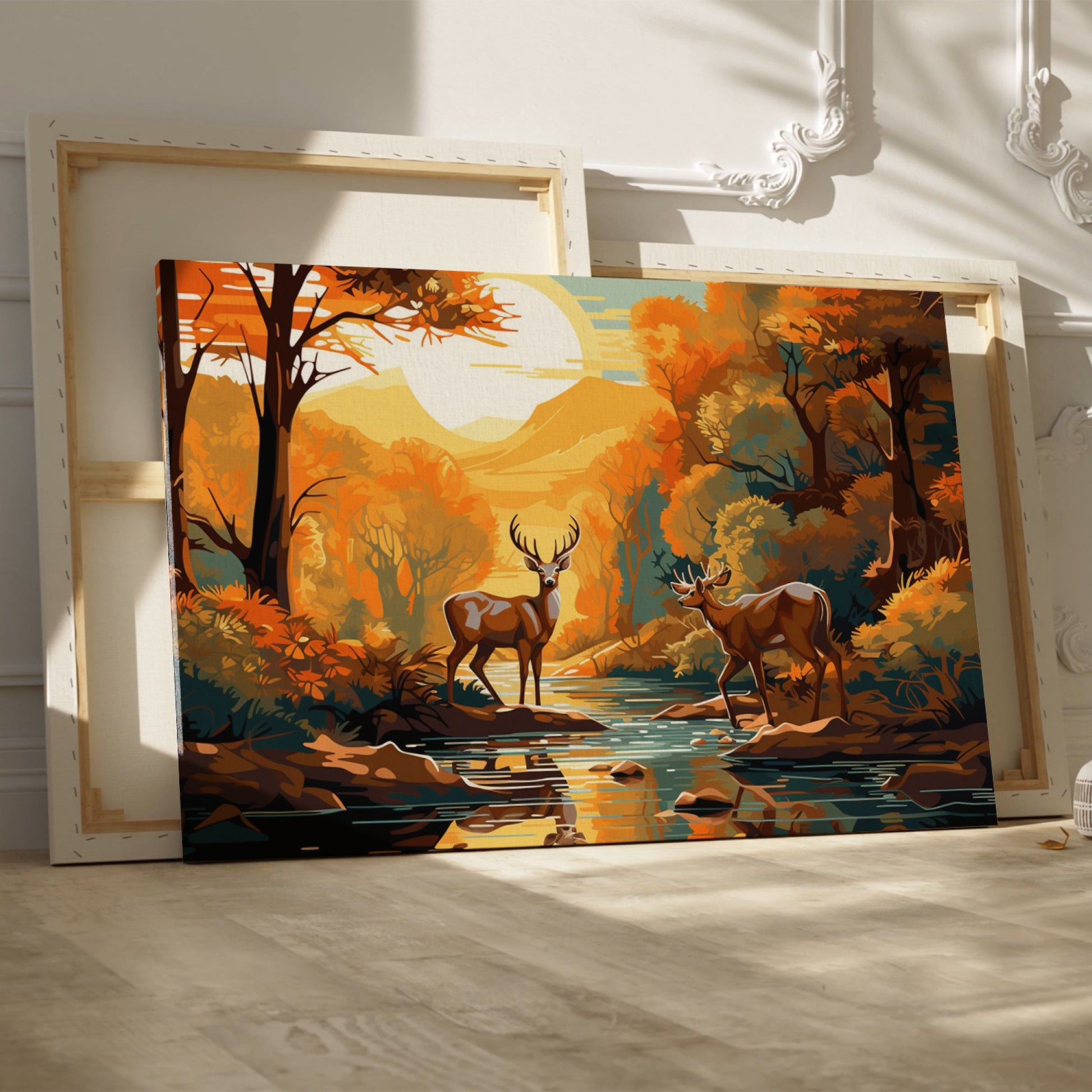 Digital painting of two stags by a river in an autumn forest with a sunset in the background