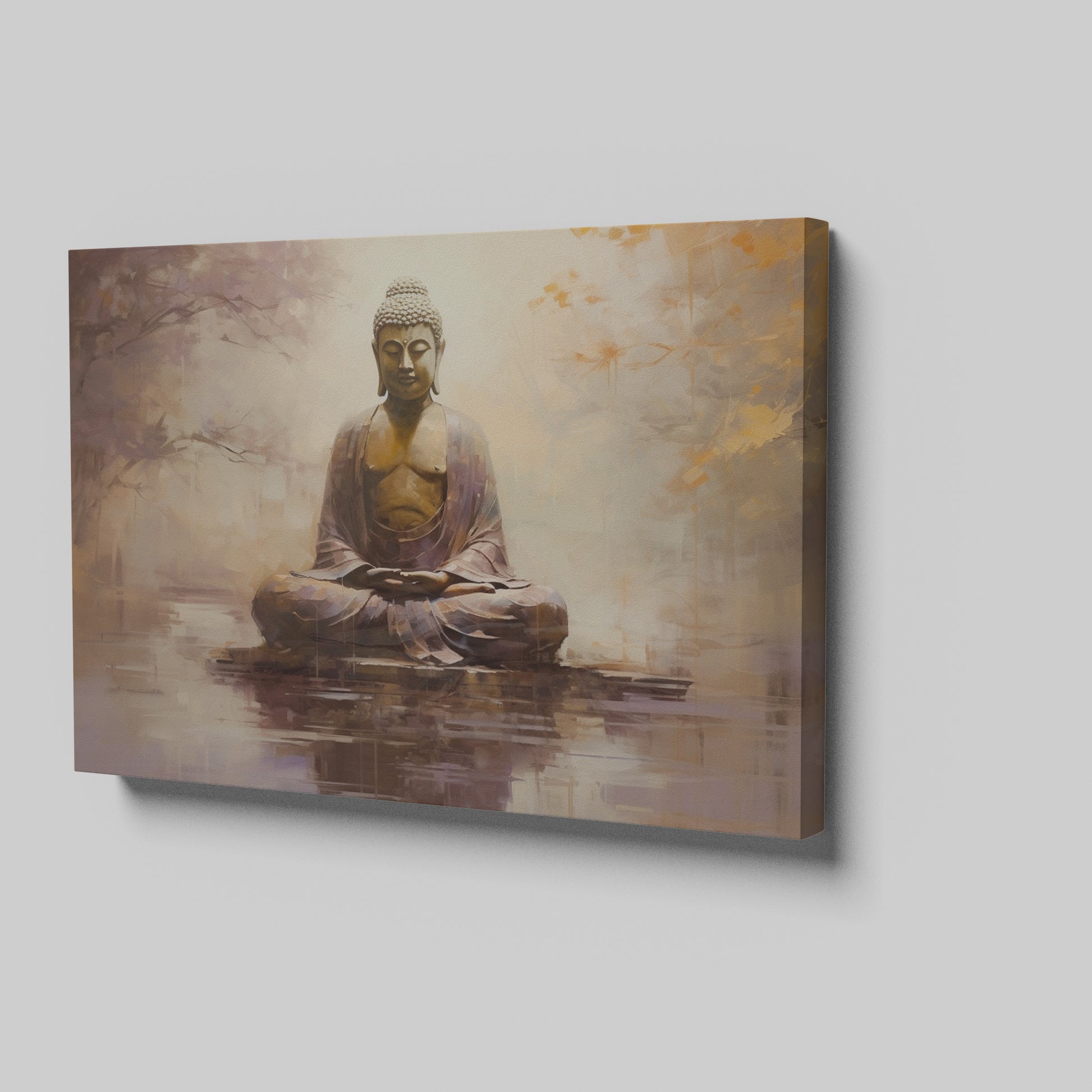 Framed canvas print of a serene Buddha statue with autumnal colours and water reflection