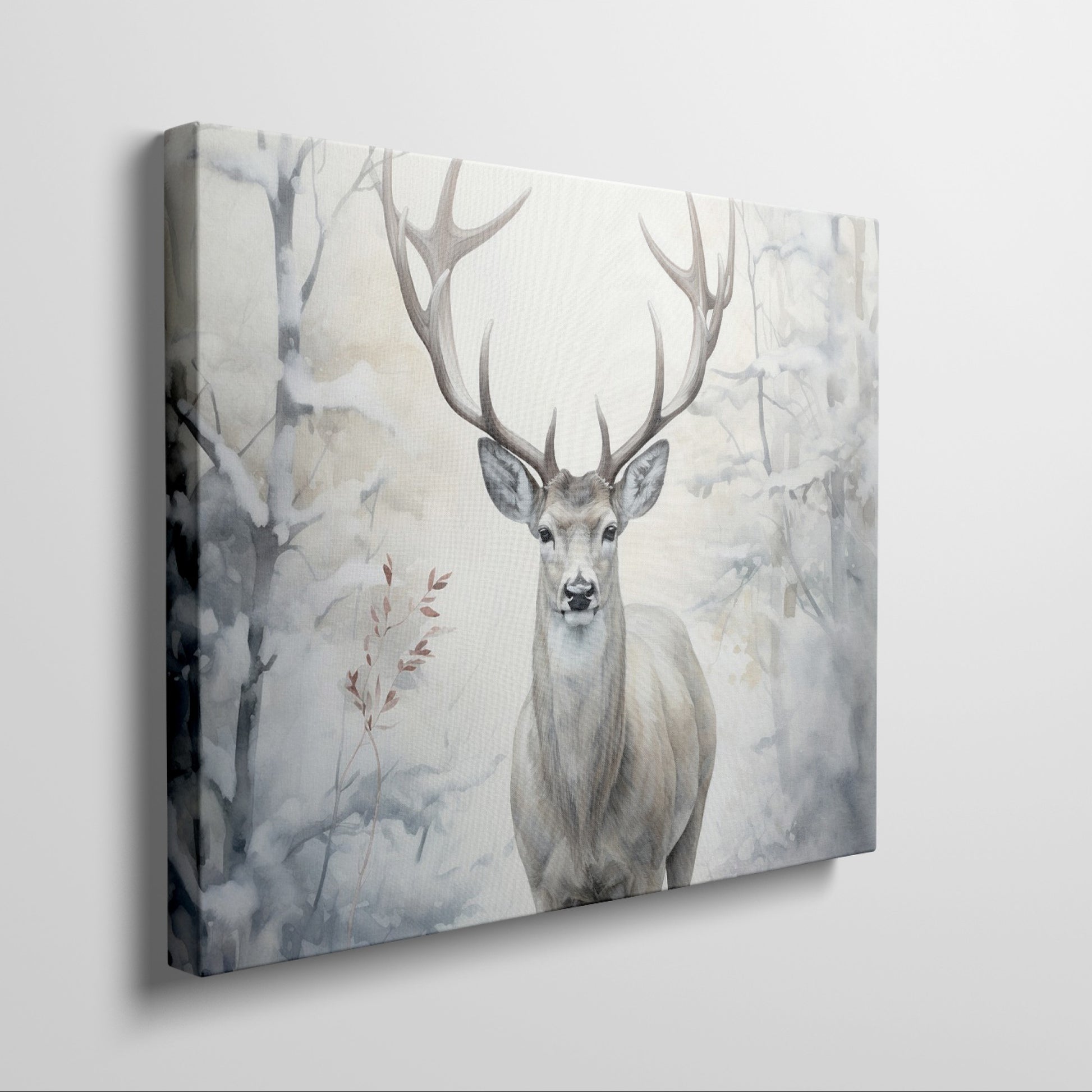 Framed canvas print of a majestic stag set against a snowy forest backdrop with soft beige and white tones