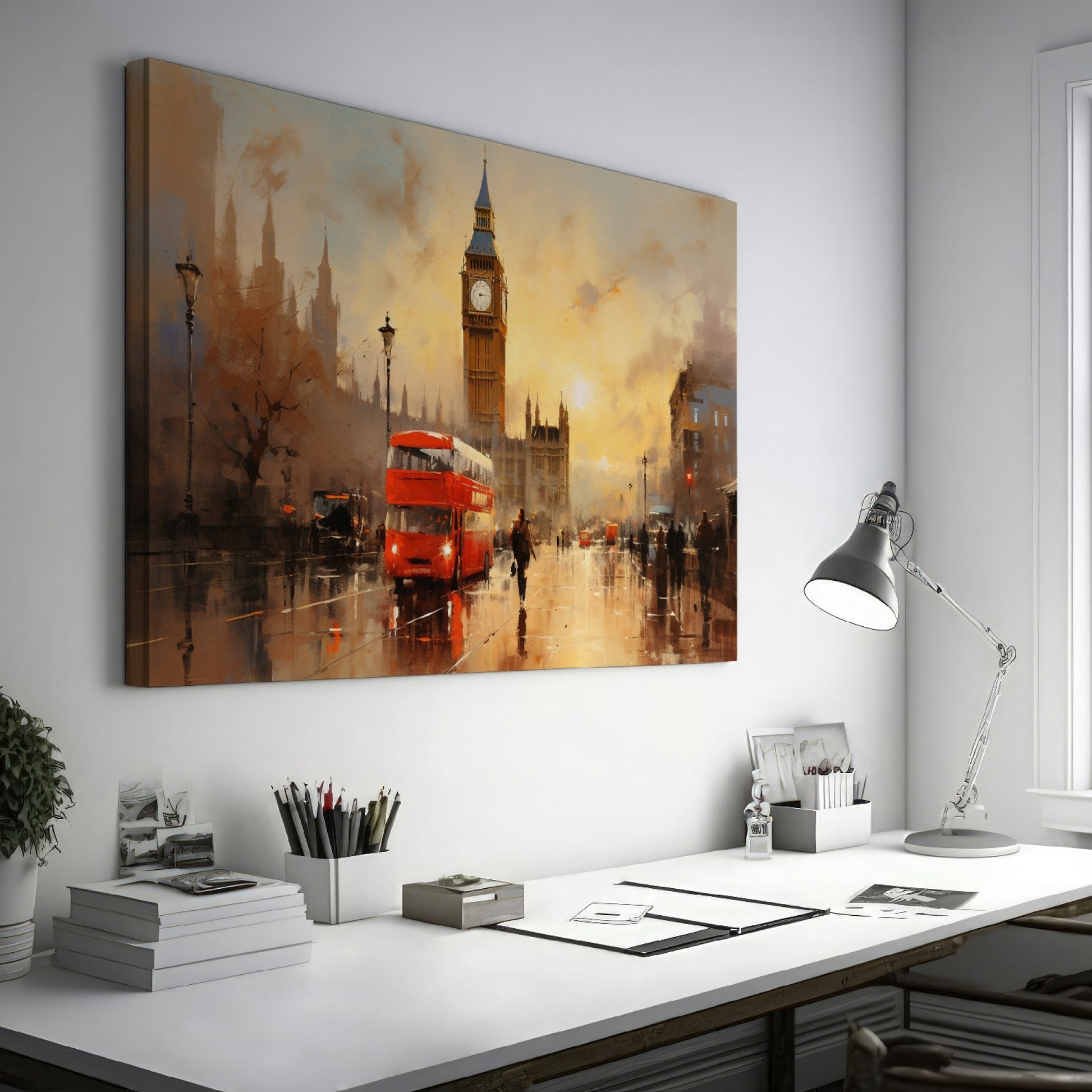 Framed canvas print of an impressionistic London cityscape featuring Big Ben and a red double-decker bus at sunset