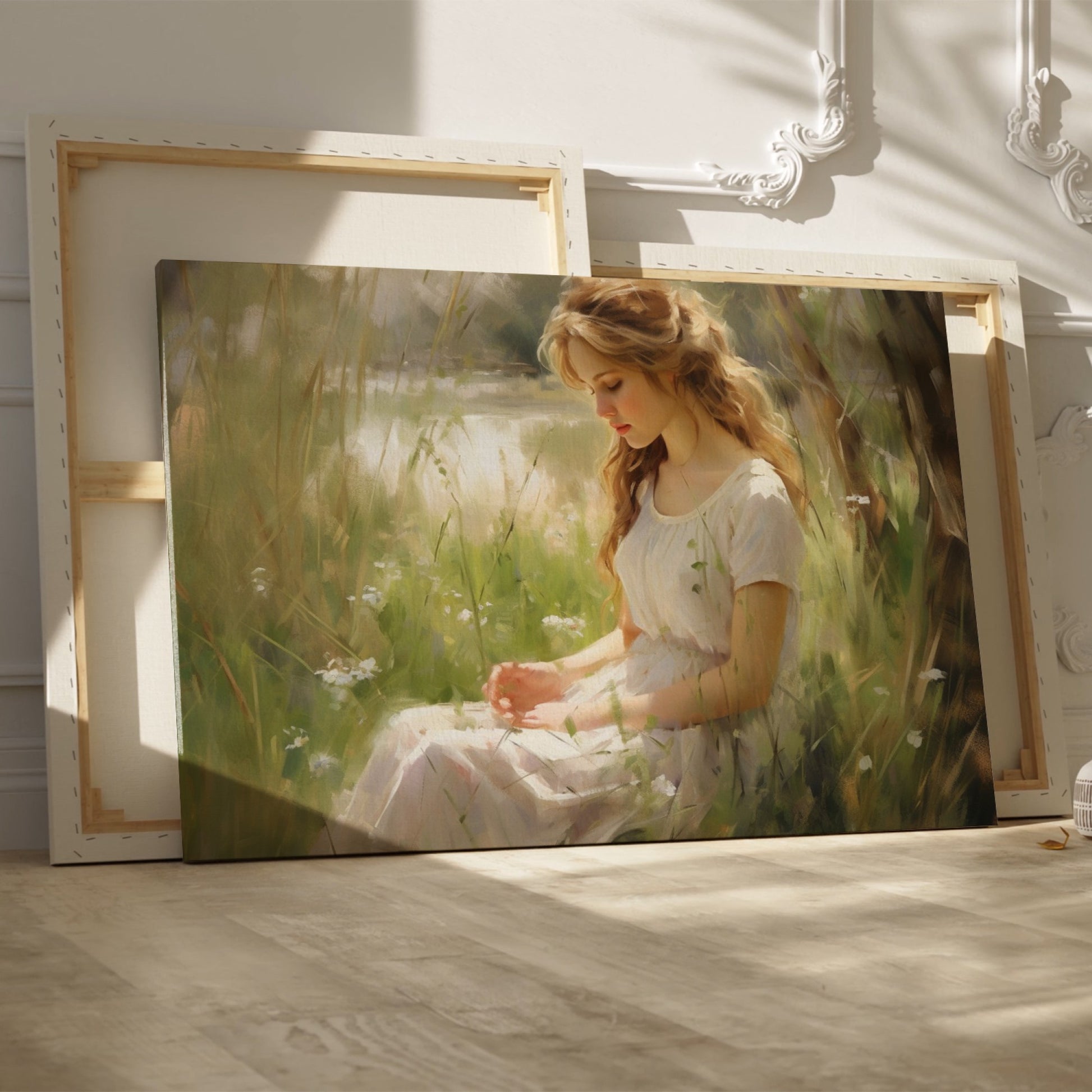 Framed canvas print of an elegant woman in a serene, sunlit meadow