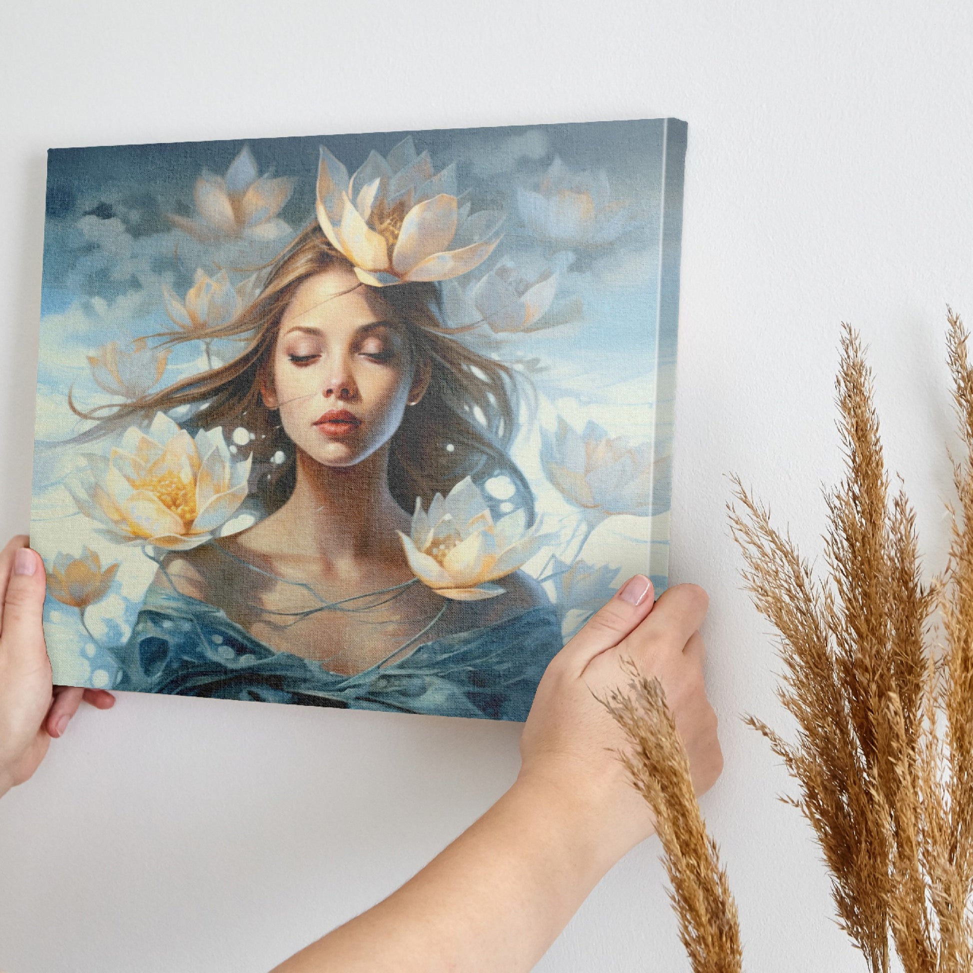 Framed canvas print of an ethereal woman with waterlilies and a dreamy blue palette