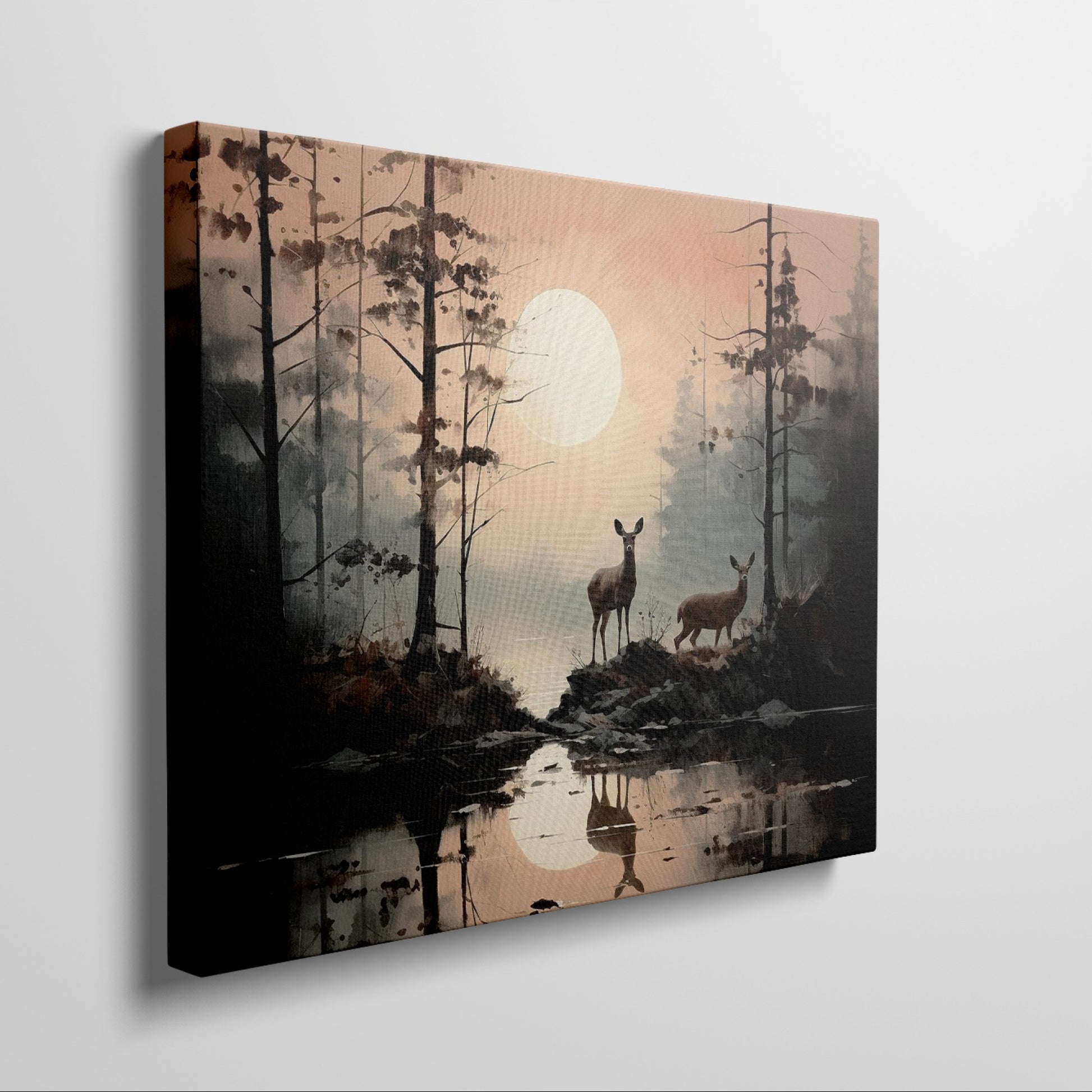 Framed canvas print of serene forest scenery with deer and sunset