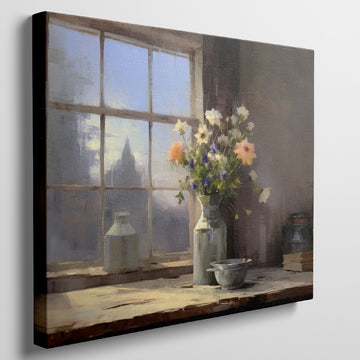 Framed canvas print of a rustic wildflower bouquet on a window sill, with soft morning light