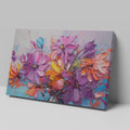 Framed canvas print of vibrant botanical impasto, with textured flowers in bright colours