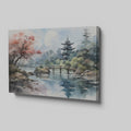 Framed canvas print of a traditional Asian pagoda by a lake with autumn cherry blossoms