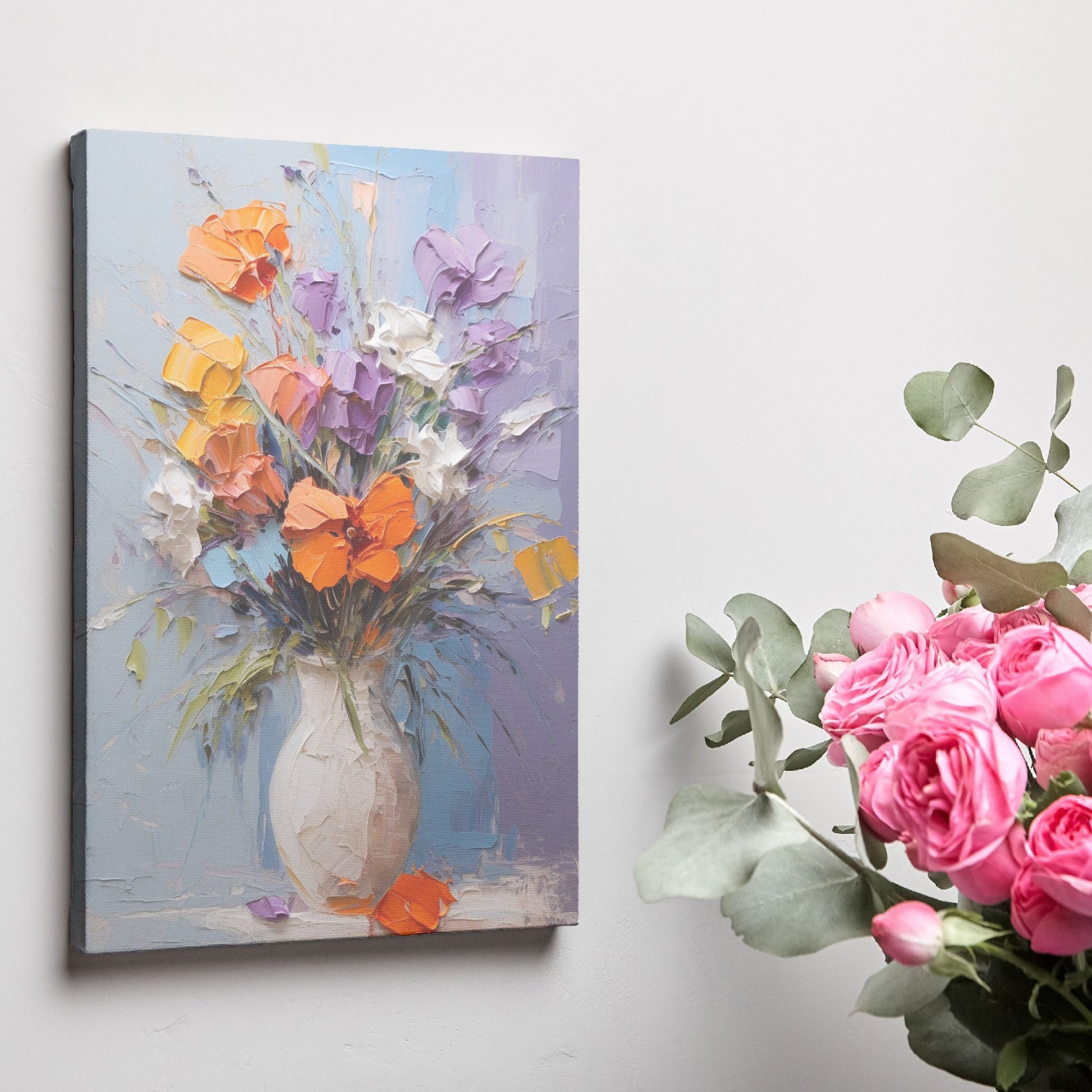 Framed canvas print of vibrant impasto flowers in a vase with rich textures