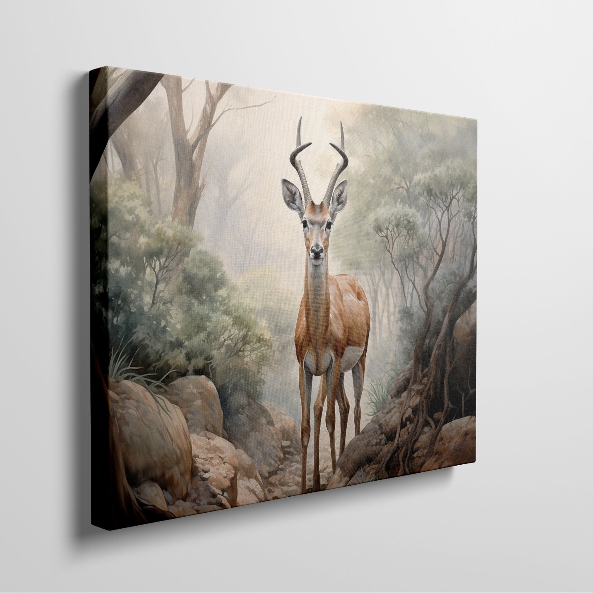 Framed canvas print of a realistic antelope in a misty forest setting with warm, earthy tones