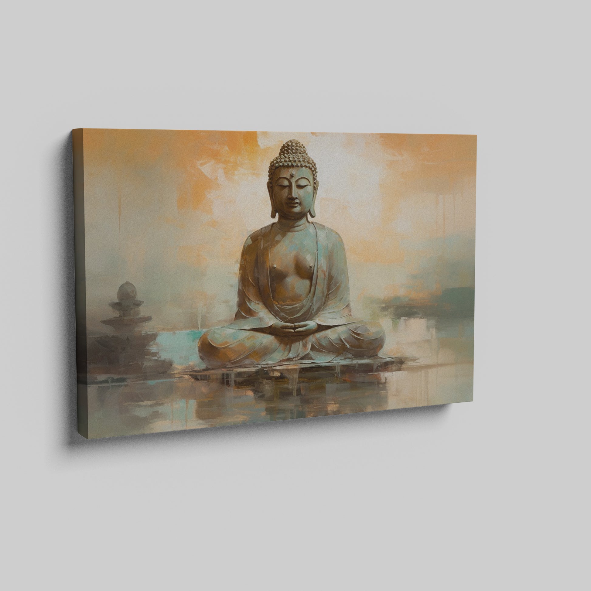 Framed canvas print of serene Buddha in meditation with warm earth tones and tranquil setting