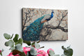 Framed canvas print of a peacock on a blossoming cherry tree with oriental art style