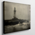 Framed canvas print of a vintage-style lighthouse on a stormy shore in sepia tones