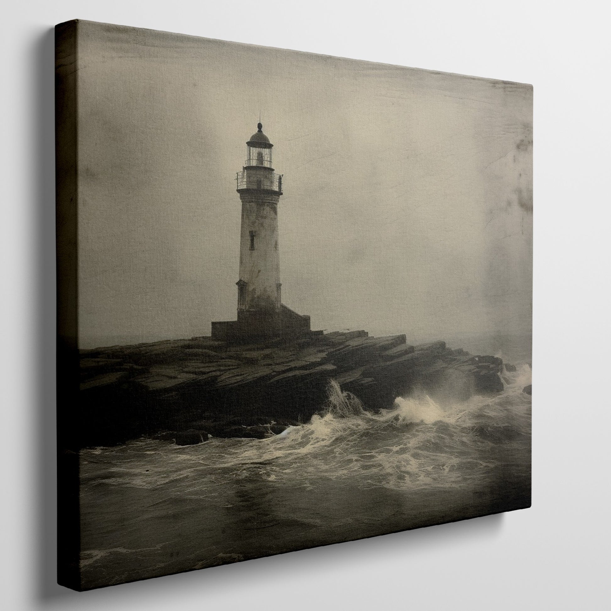 Framed canvas print of a vintage-style lighthouse on a stormy shore in sepia tones