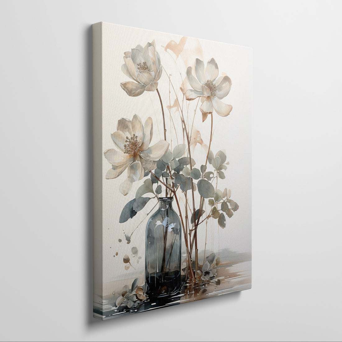 Framed canvas print of watercolor flowers in a glass vase with soft beige and brown tones