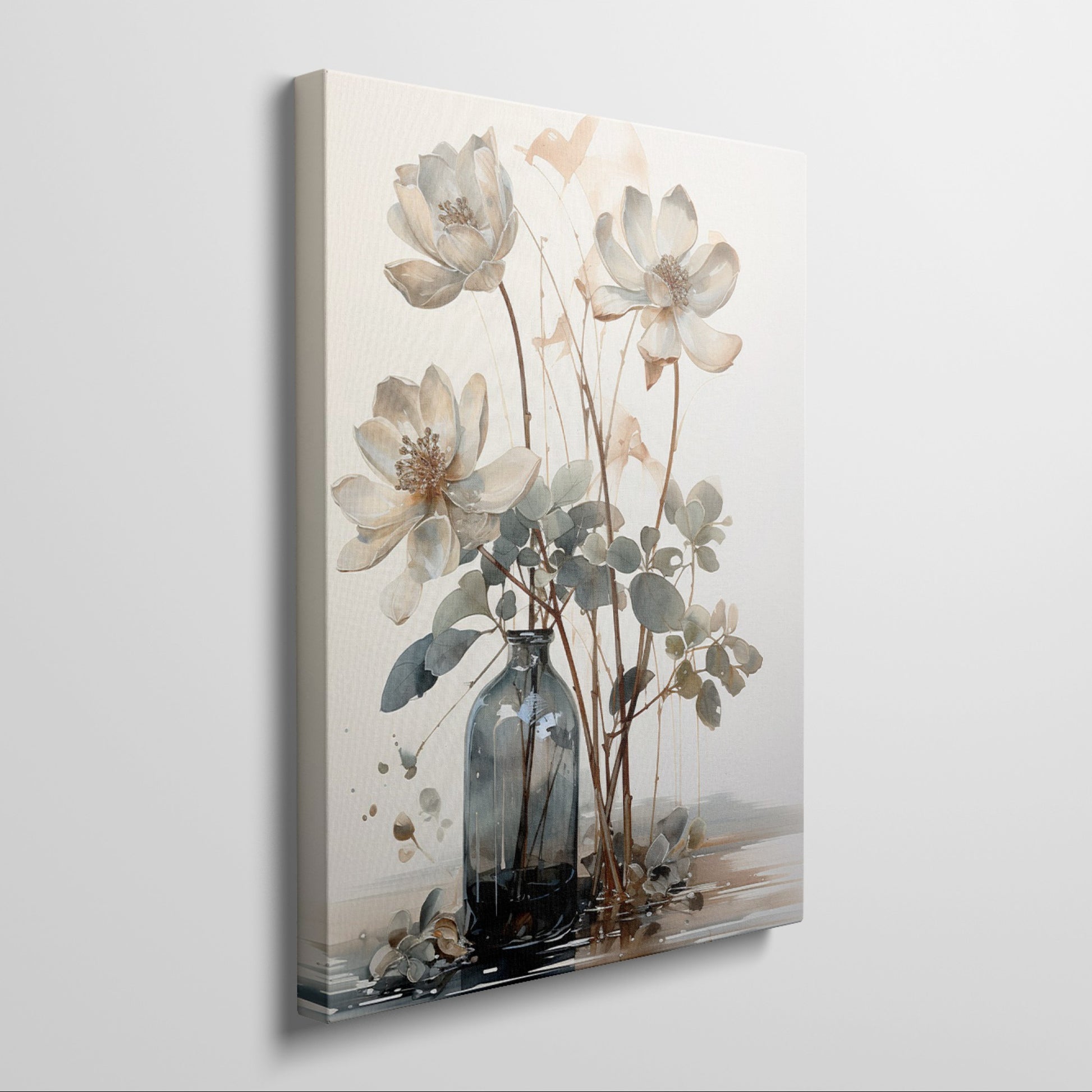 Framed canvas print of watercolor flowers in a glass vase with soft beige and brown tones