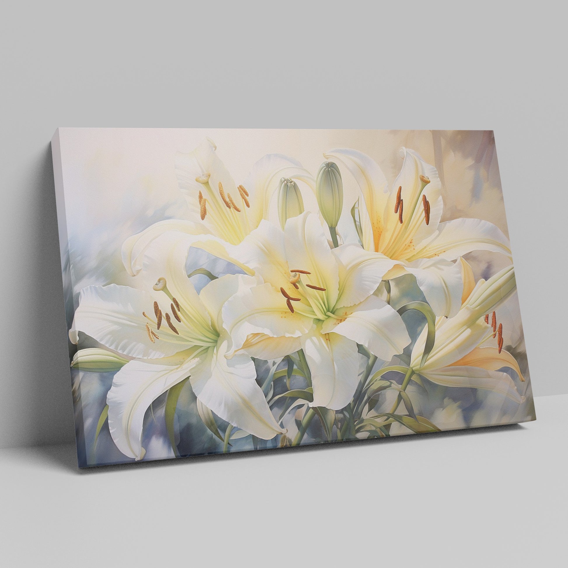 Framed canvas print of realistic white lily flowers with vibrant green foliage on a subtle background