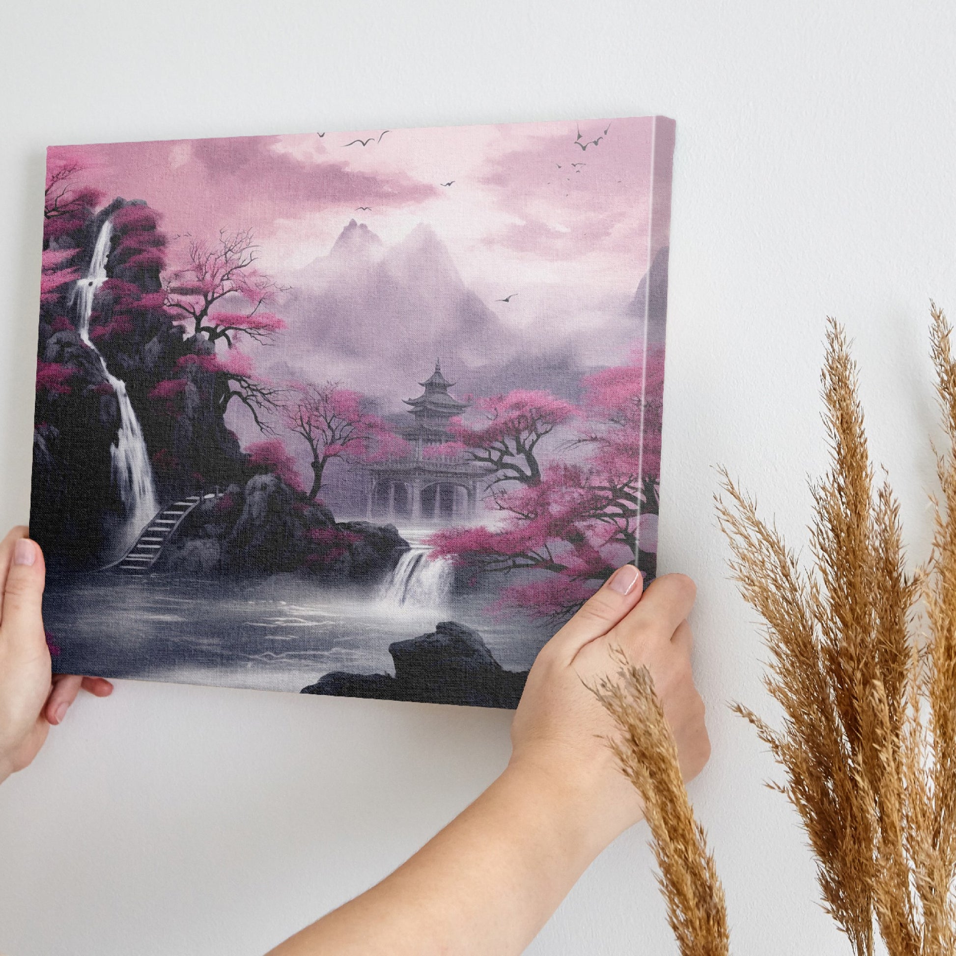 Framed canvas print of a misty oriental landscape with cherry blossoms and pagoda