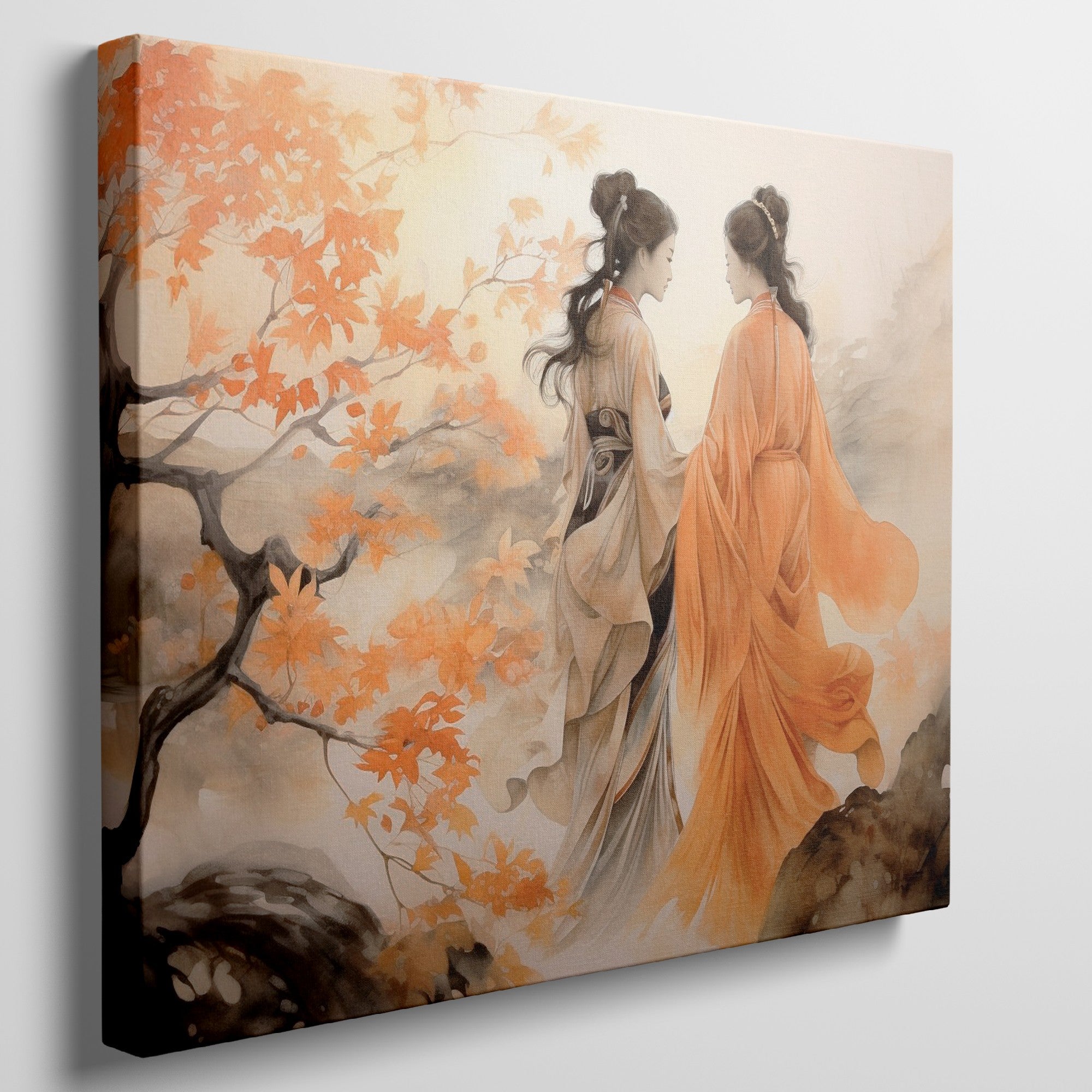 Framed canvas print of two elegant figures in traditional Chinese attire amidst vibrant orange autumn leaves.