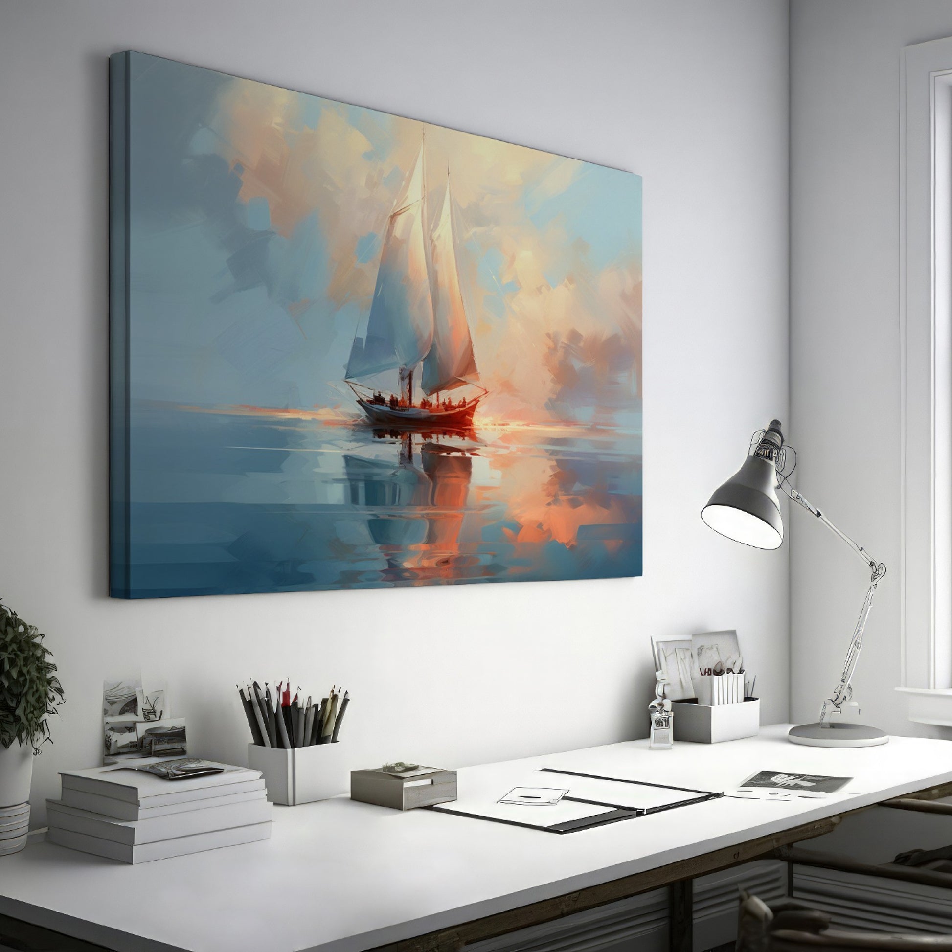 Framed canvas print of an impressionist depiction of a sailboat at sunset with vibrant sky and water reflections