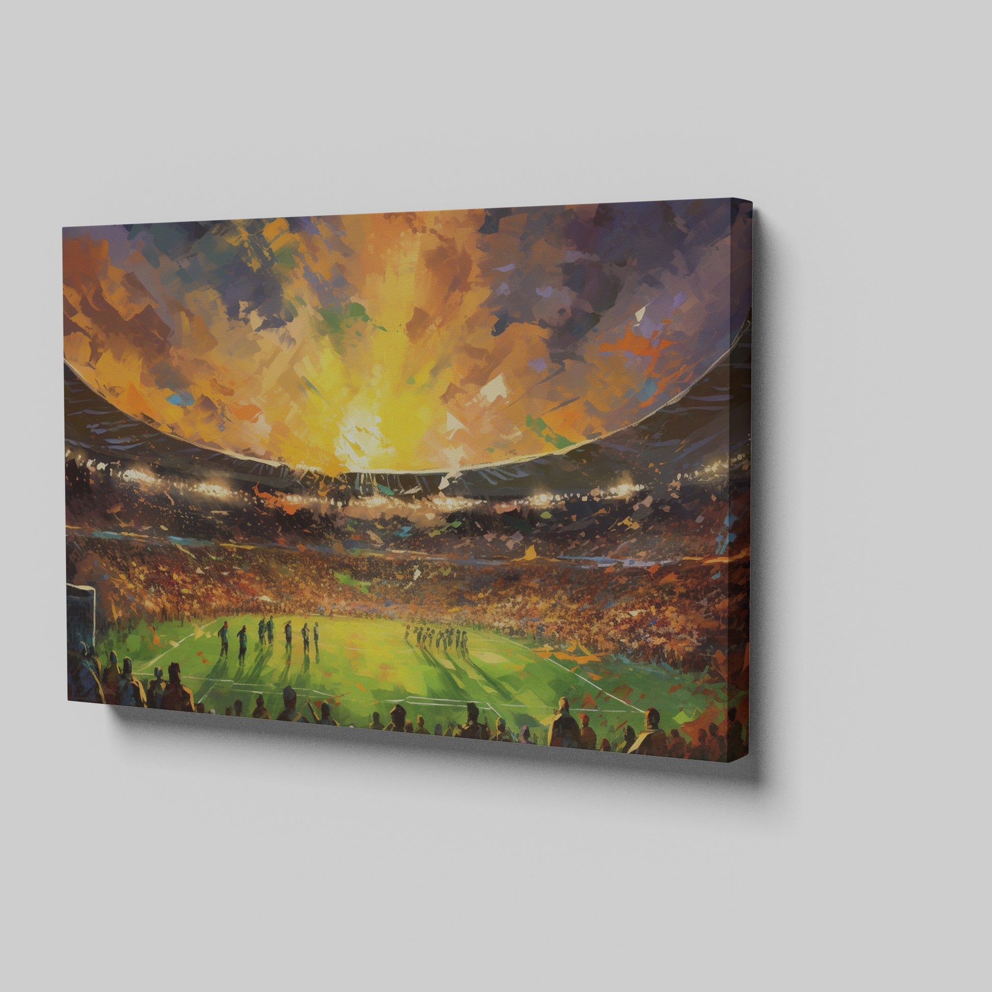 Framed canvas print of an impressionist football stadium with vibrant sunset hues