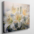 Framed canvas print of realistic white lily flowers with vibrant green foliage on a subtle background