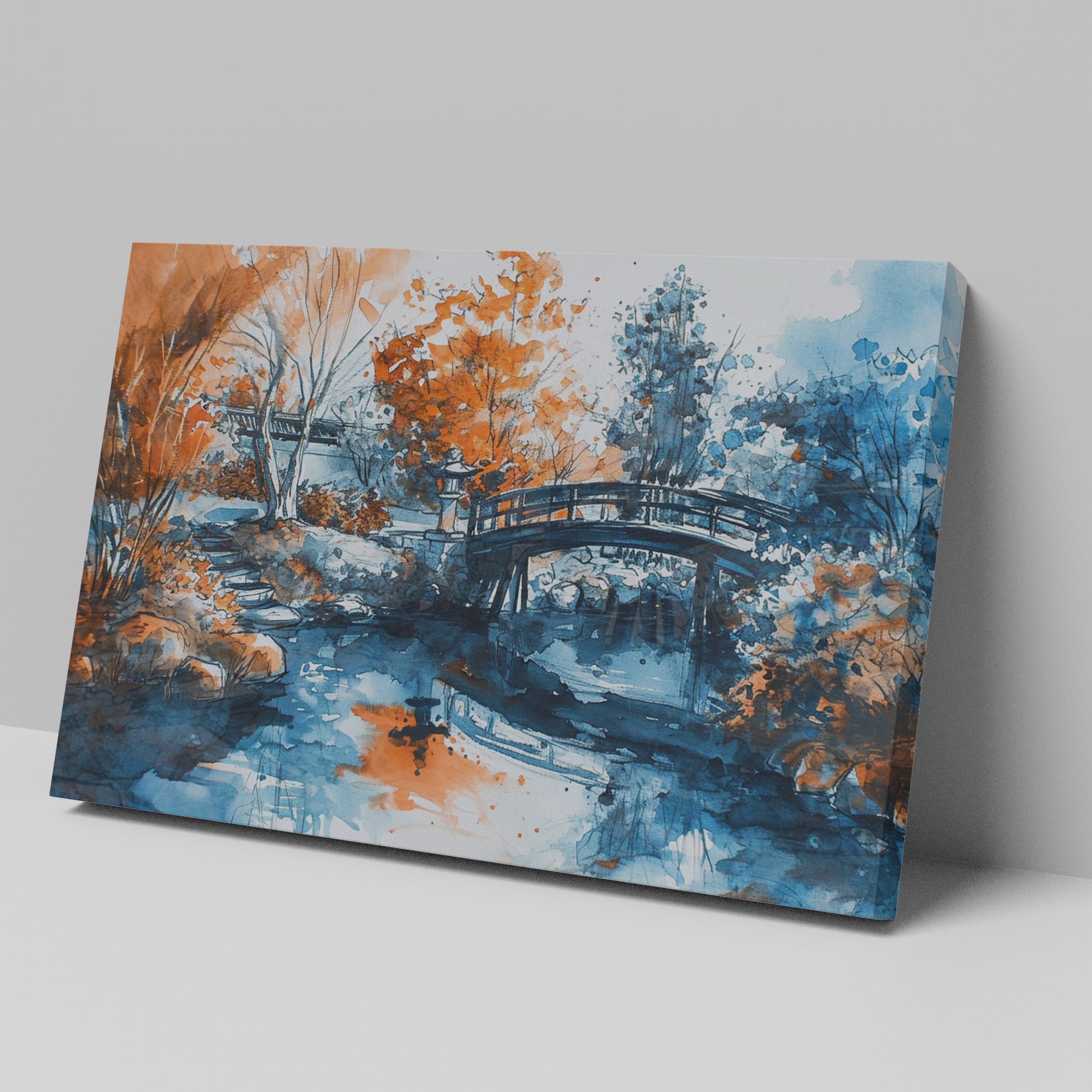 Framed canvas print of an Oriental garden scene with a bridge over water in autumnal hues of orange and blue