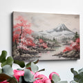 Framed canvas print of a serene landscape with cherry blossoms and a mountain