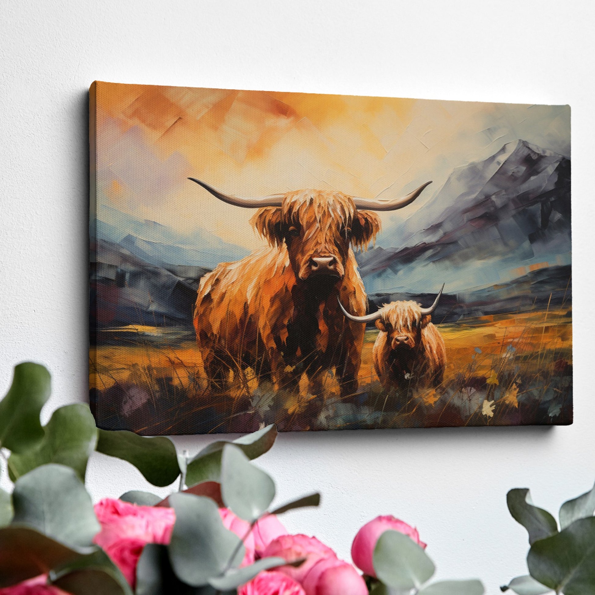 Framed canvas print featuring vibrant Highland cattle with mountain landscape