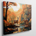 Digital painting of two stags by a river in an autumn forest with a sunset in the background