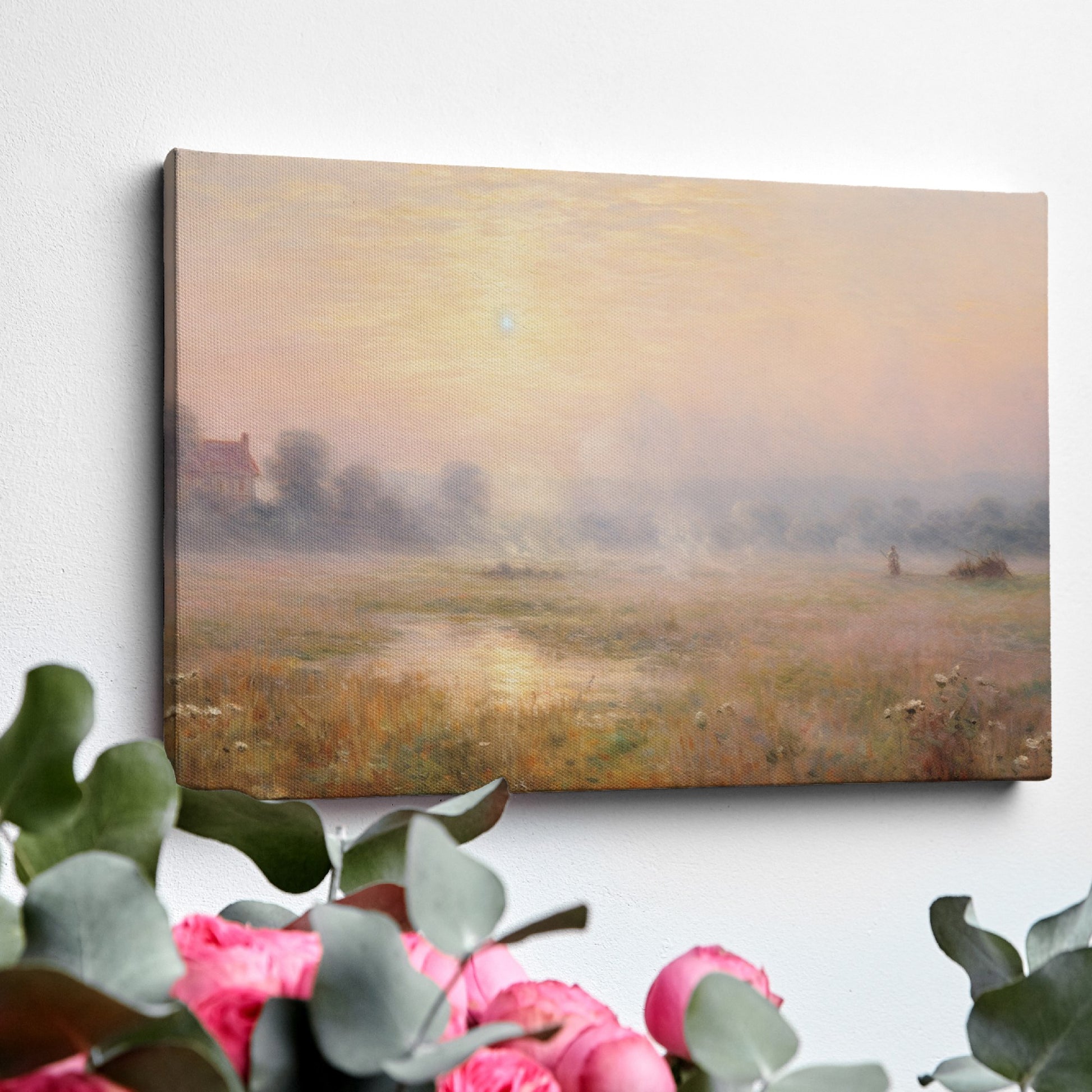 Framed canvas print of a misty countryside meadow with a sunrise and soft pastel colours