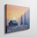 Framed canvas print of an impressionist painting with a mountain cabin at sunset